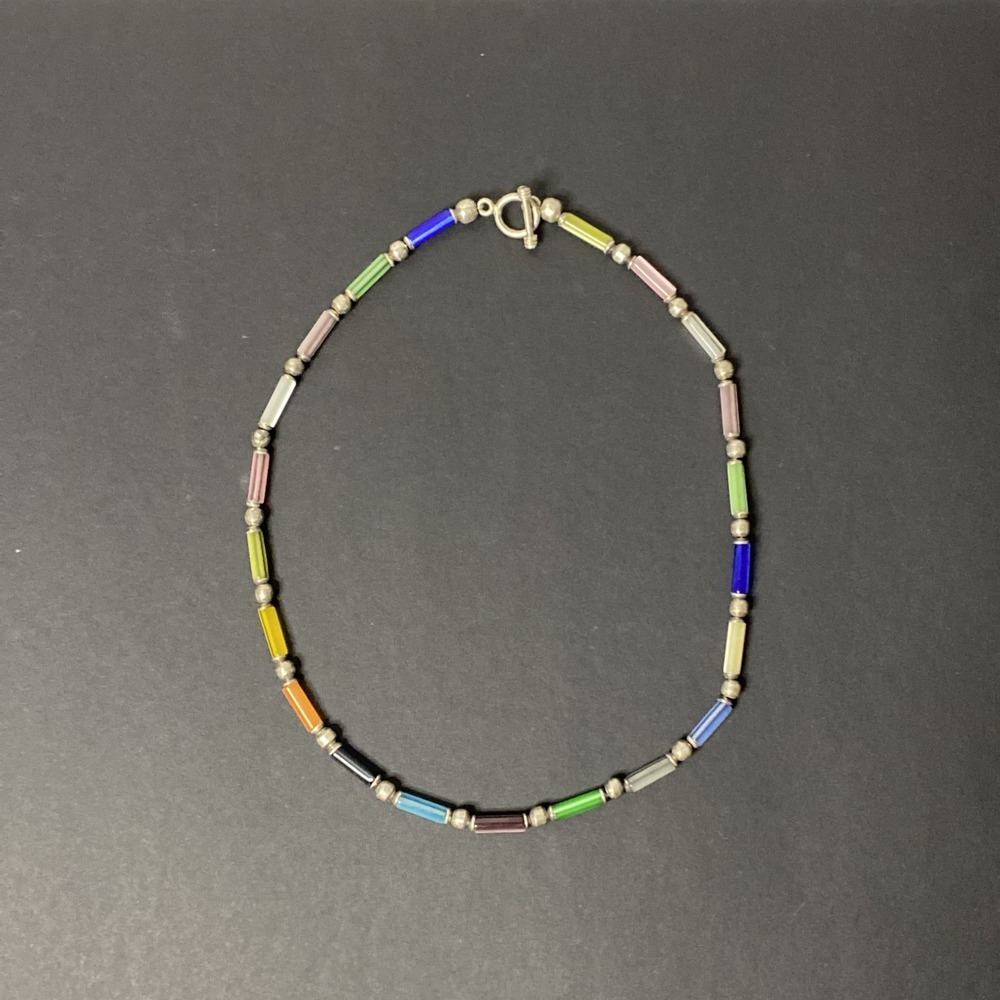 Vtg 925 Sterling Silver Multicolor Cat's Eye Glass Beaded Necklace 18" Tested